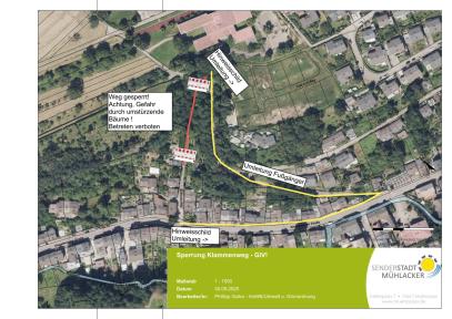 Der Standort (rot) und die Umleitung für die Fußgänger (gelb).